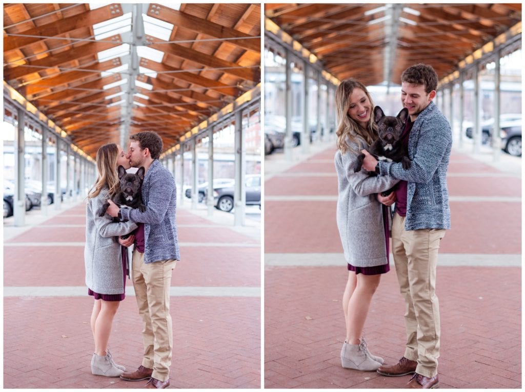 Save the date wedding photos at Downtown Market Greenhouse with bride, groom, and dog.