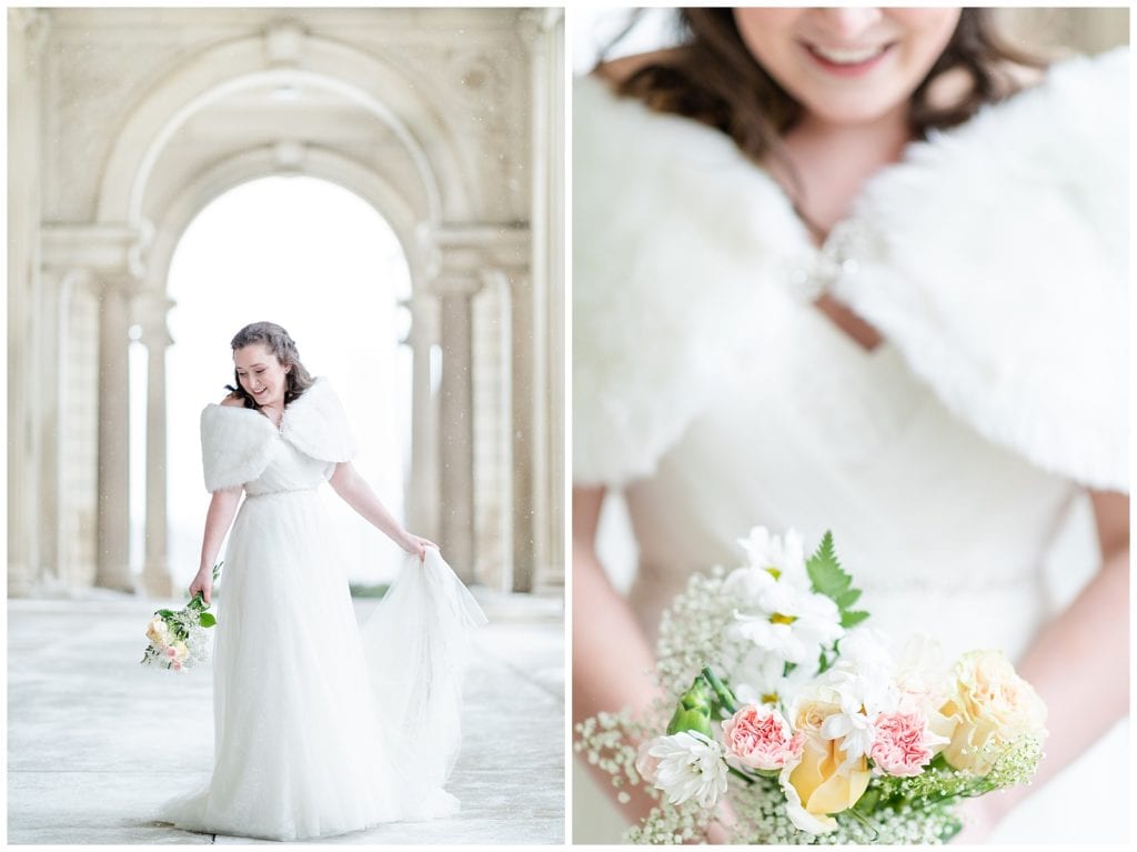 Winter wedding with bride in white fur and winter flower bouquet.