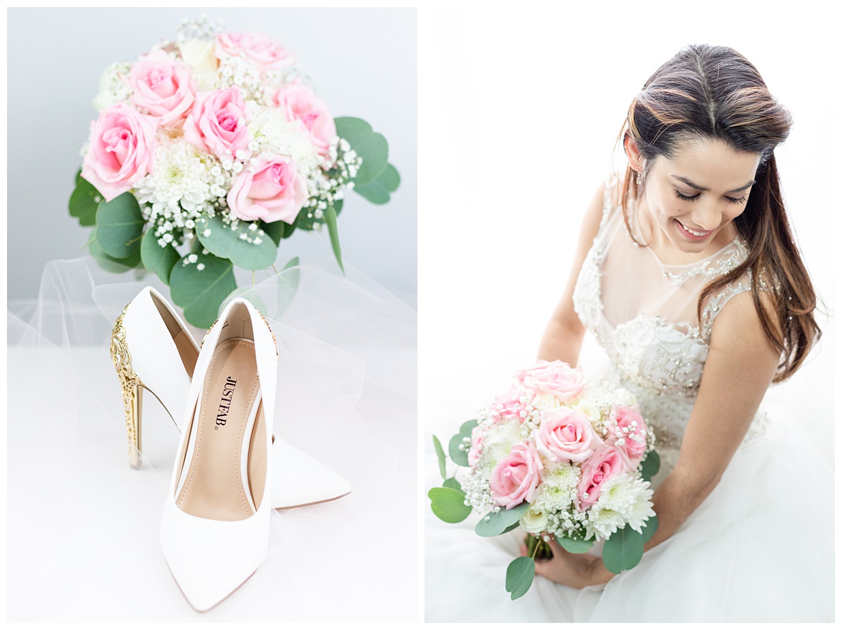 Wedding Day First Look. Michigan wedding photographer Leidy with pink and white rose wedding bouquet.