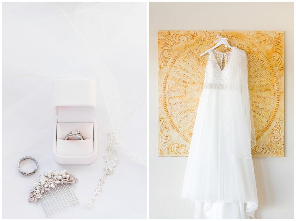 Bridal details, wedding dress, ring box, and wedding hairpiece.