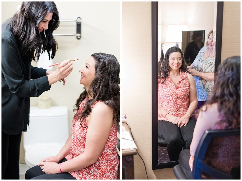 Bride getting ready with hair and makeup at Country Inn & Suites by Radisson.