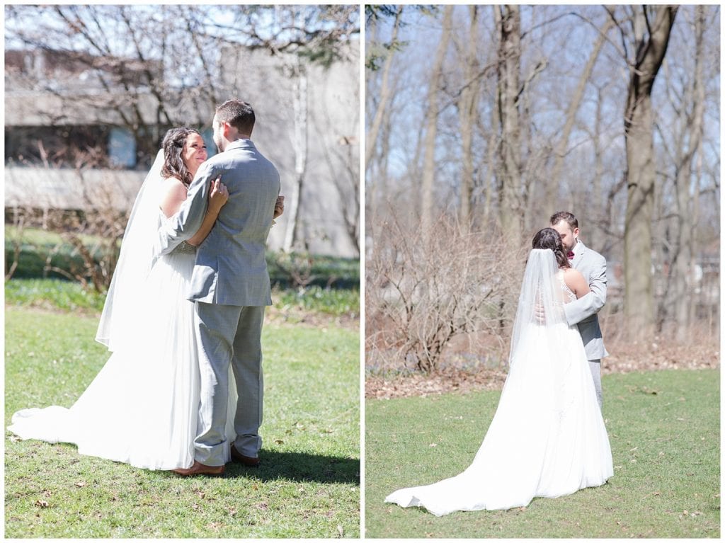 Outdoor spring First Look in Michigan with bride and groom.