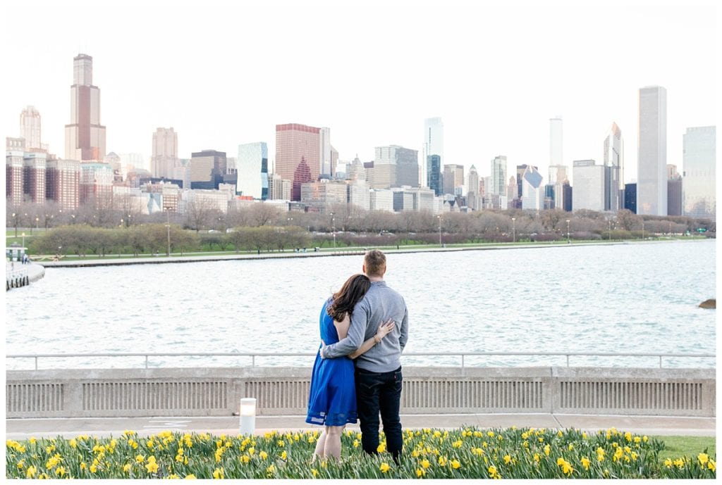 Downtown Chicago Engagement Session with sunset over Chicago skyline.