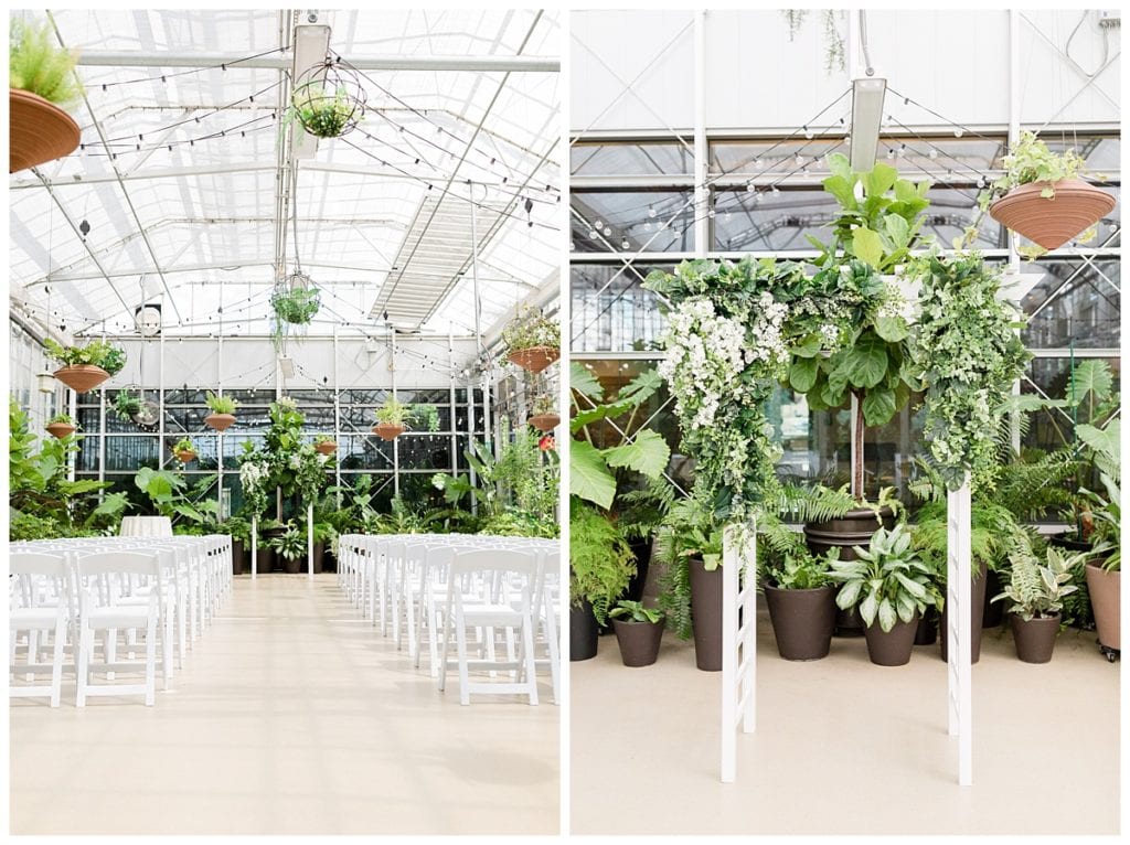 Indoor greenhouse wedding ceremony decor at Downtown Market.