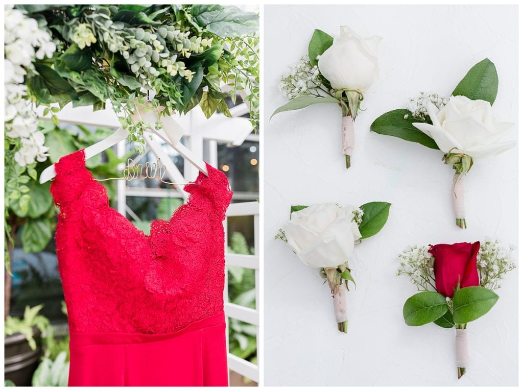 Red wedding dress and groom's boutonnieres at Downtown Market, Grand Rapids.