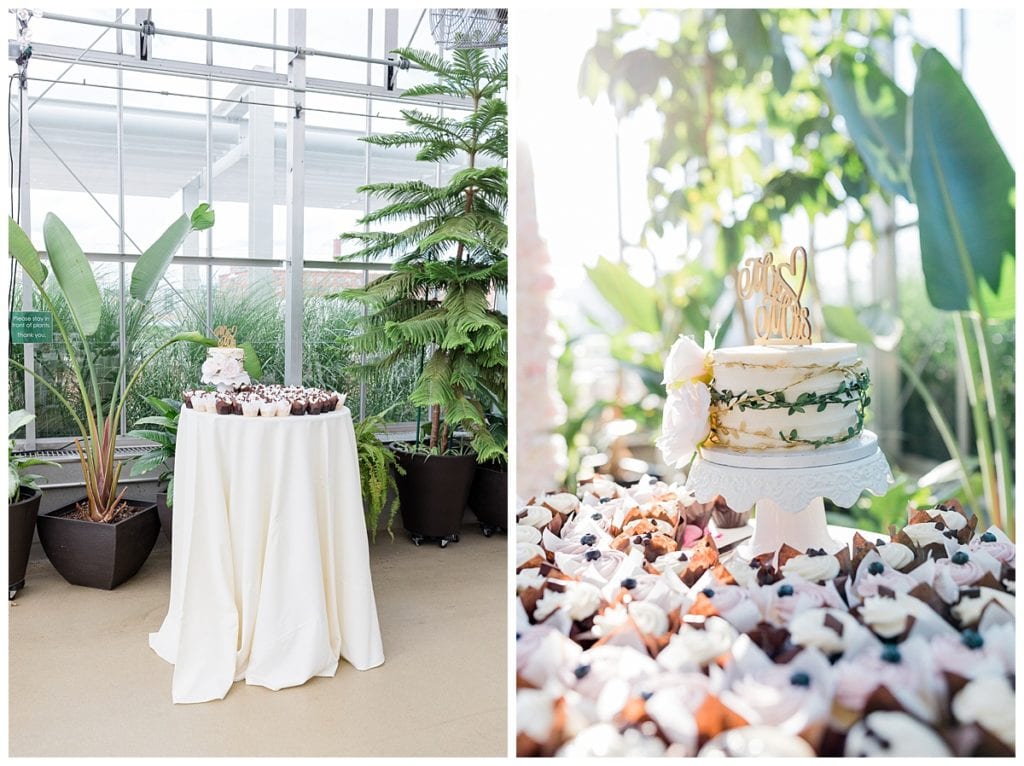 Cakabakery cake and cupcakes in the greenhouse at the Downtown Market wedding day.
