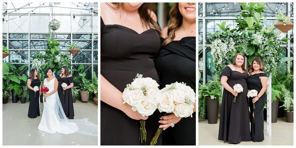 Bride with her bridesmaids in greenhouse at Downtown Market wedding.