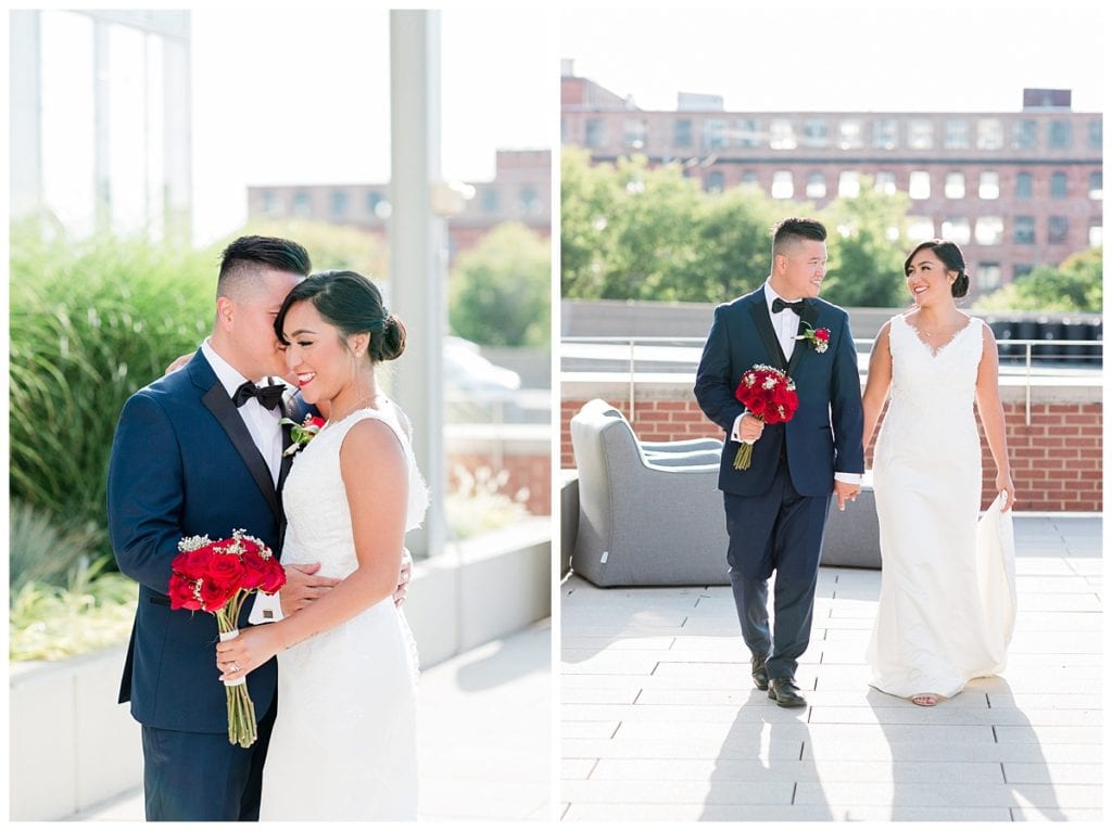 Groom and bride smiling in wedding pictures outside Downtown Market Grand Rapids.