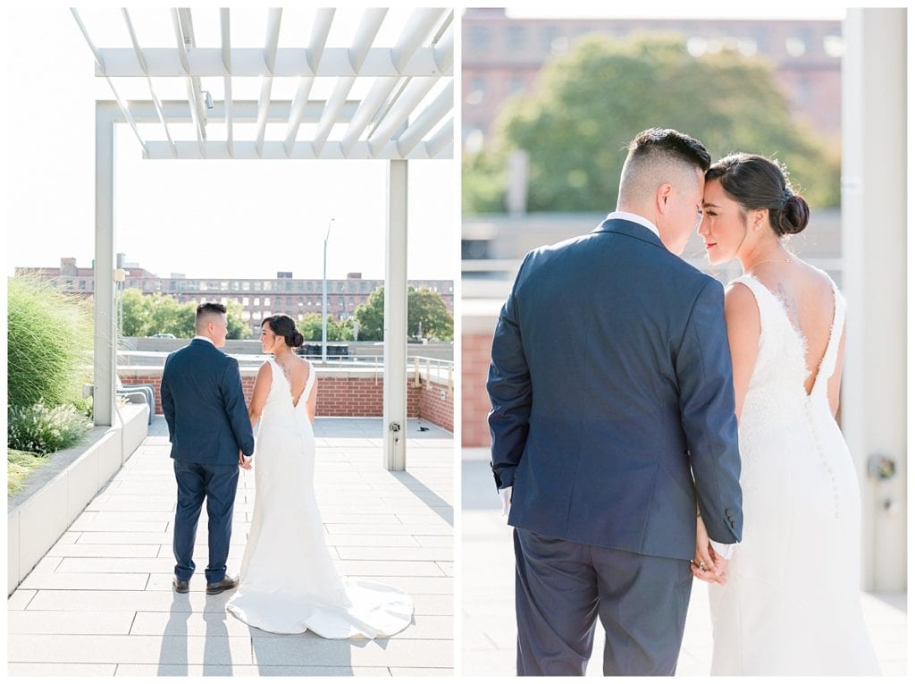 Bride and groom pose for sunset golden hour portraits at Downtown Market wedding.