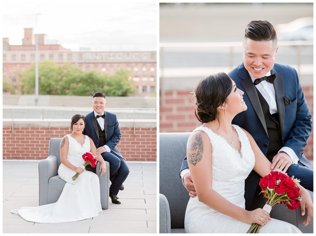 Bride and groom sitting on grey chair for romantic wedding photos at Downtown Market.