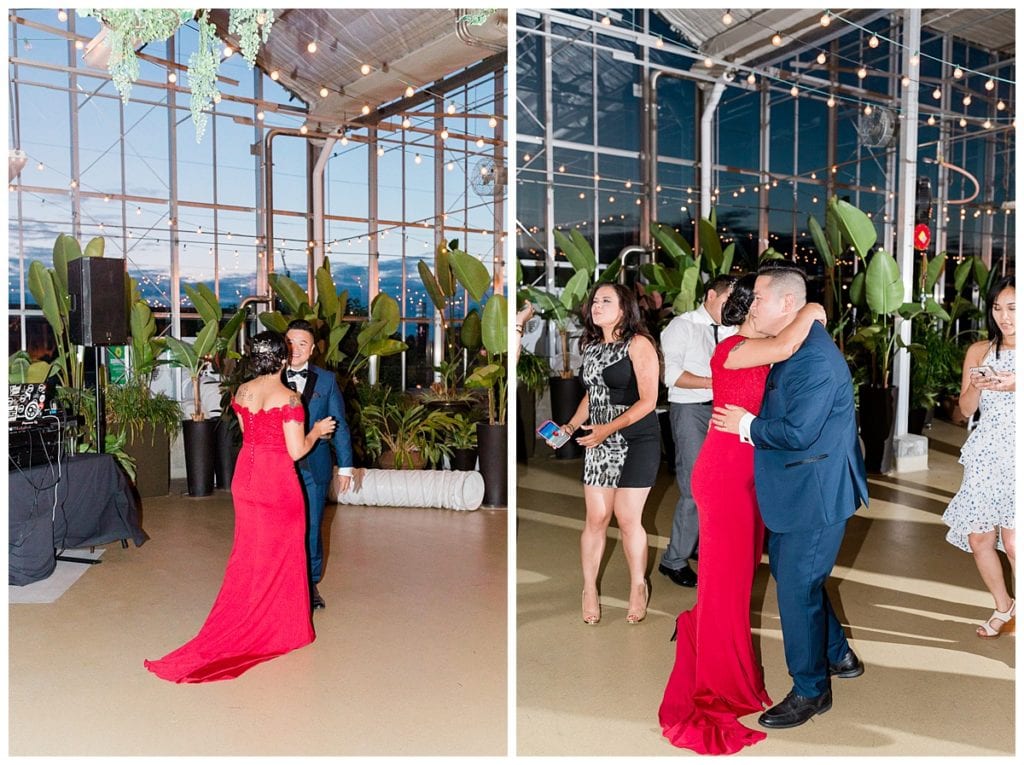 First dance with bride in red dress and groom at Downtown Market.