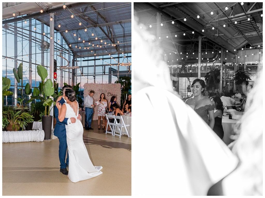 Bride and groom dancing on dance floor in greenhouse at Downtown Market.